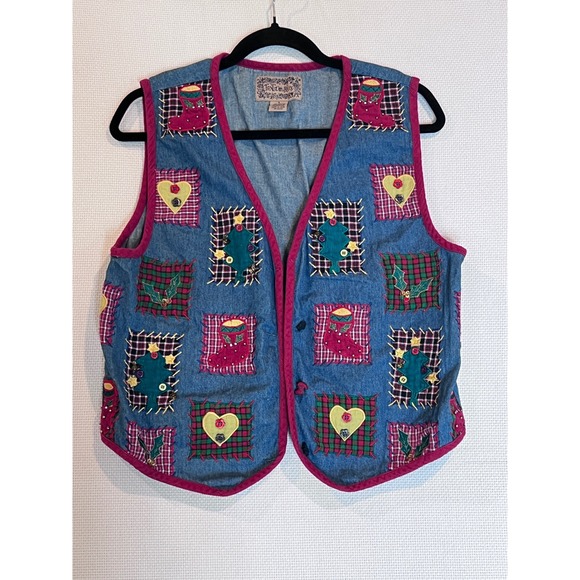 Vintage Ton-TOn Blues Denim Vest Christmas Holiday Patchwork Applique Size L - Picture 1 of 8